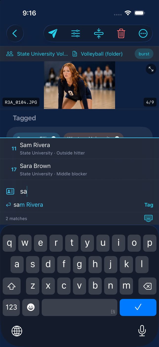 CaptionID on the phone: typing two letters lists the matching roster players with numbers and positions