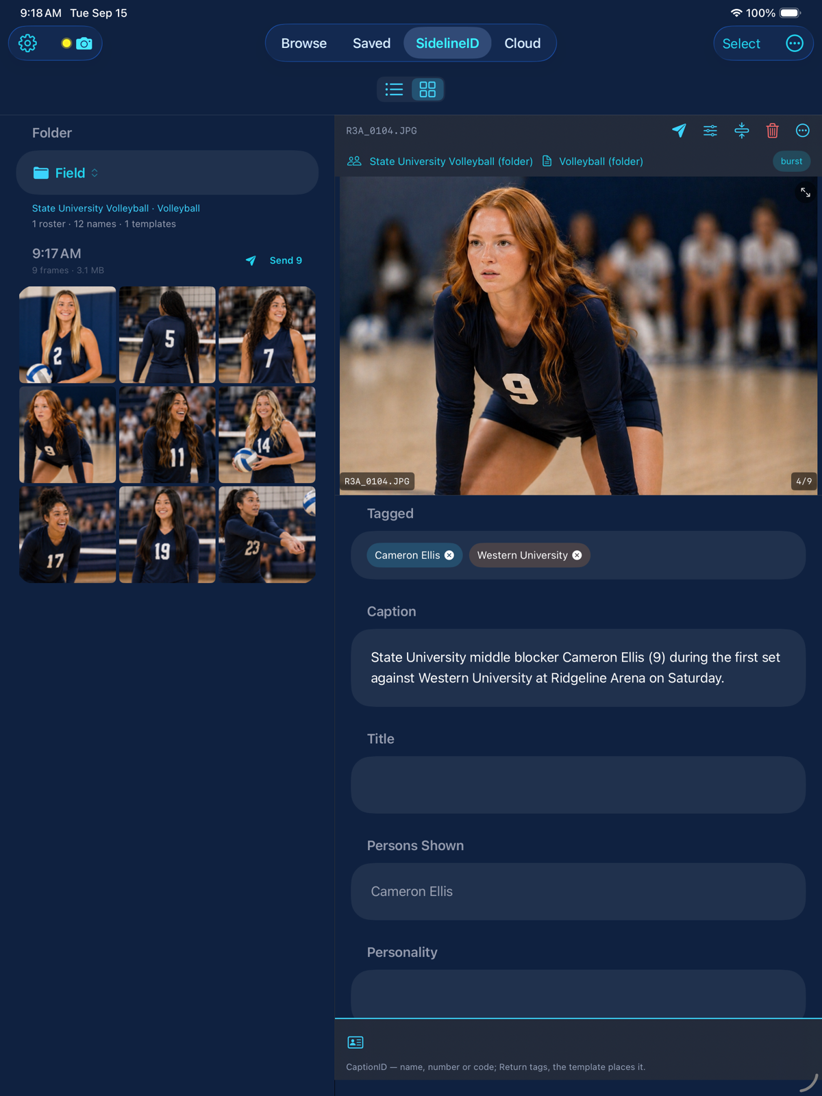 SidelineID on an iPad: the folder in a left pane, the editor with the CaptionID bar on the right