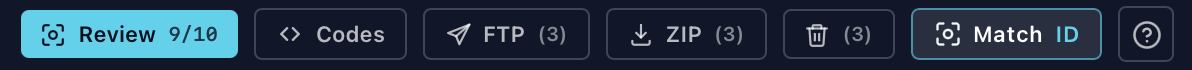 The action bar: Review 9/10, Codes, FTP (3), ZIP (3), Trash (3), MatchID and Help