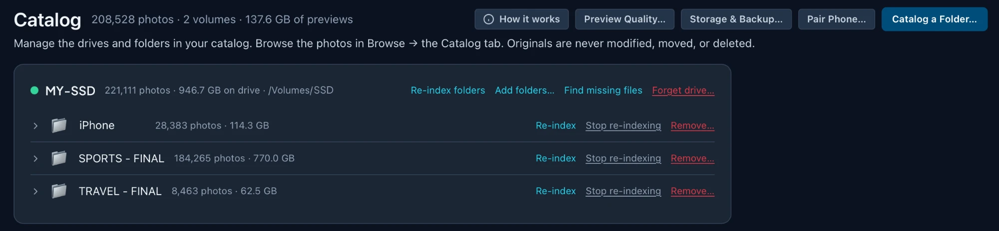 The Catalog page: MY-SSD with iPhone, SPORTS - FINAL and TRAVEL - FINAL folders, and the How it works, Preview Quality, Storage and Backup, Pair Phone and Catalog a Folder buttons