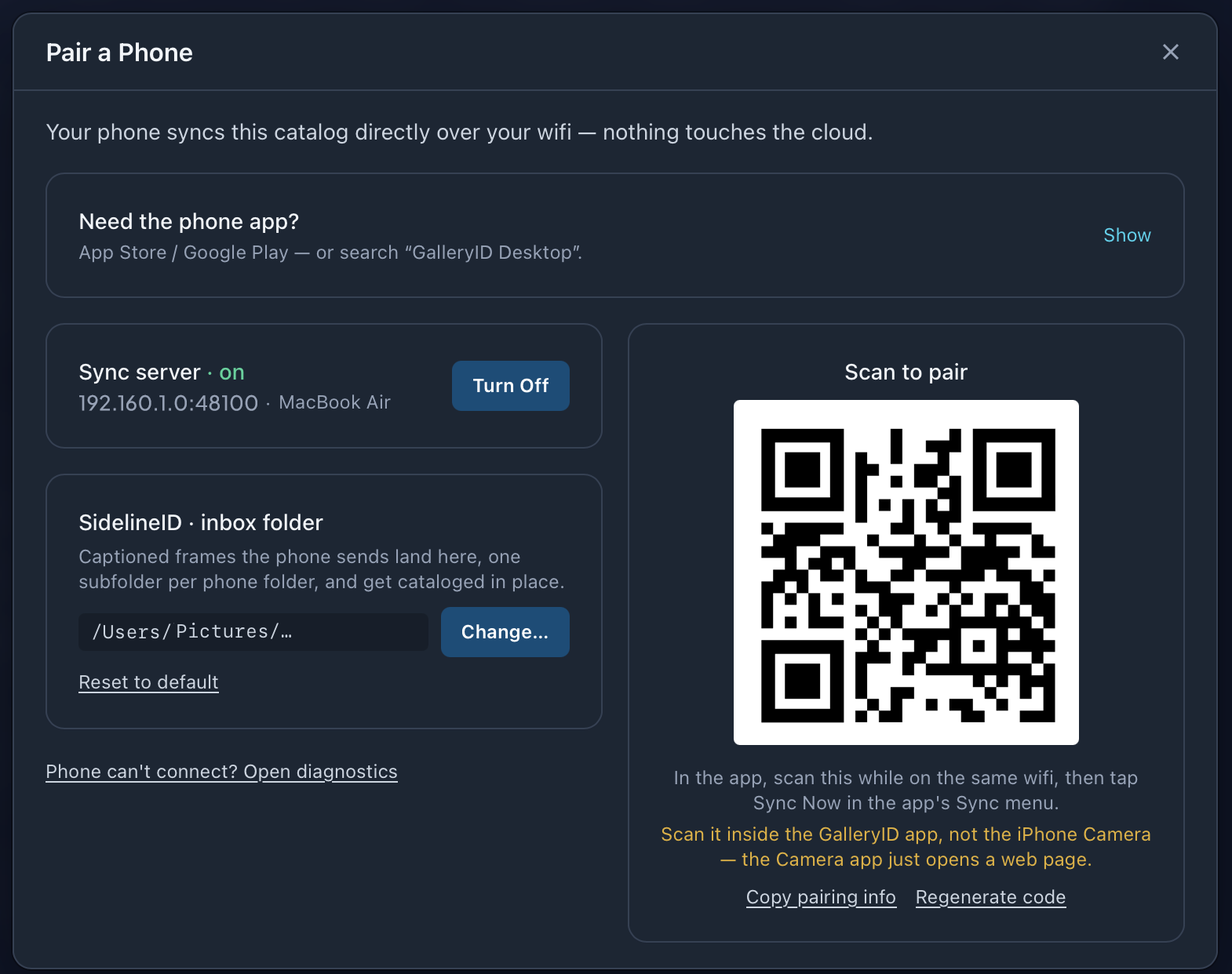 Pair a Phone: sync server on, the SidelineID inbox folder, and the Scan to pair code