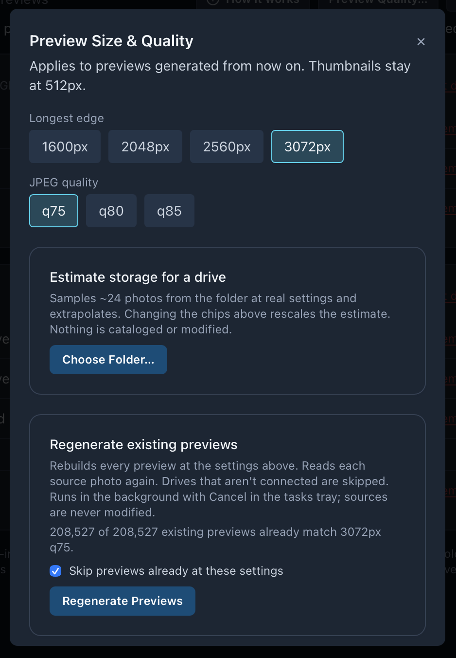Preview Size and Quality: longest edge 1600, 2048, 2560 or 3072px, JPEG quality q75, q80 or q85, Estimate storage for a drive, and Regenerate existing previews