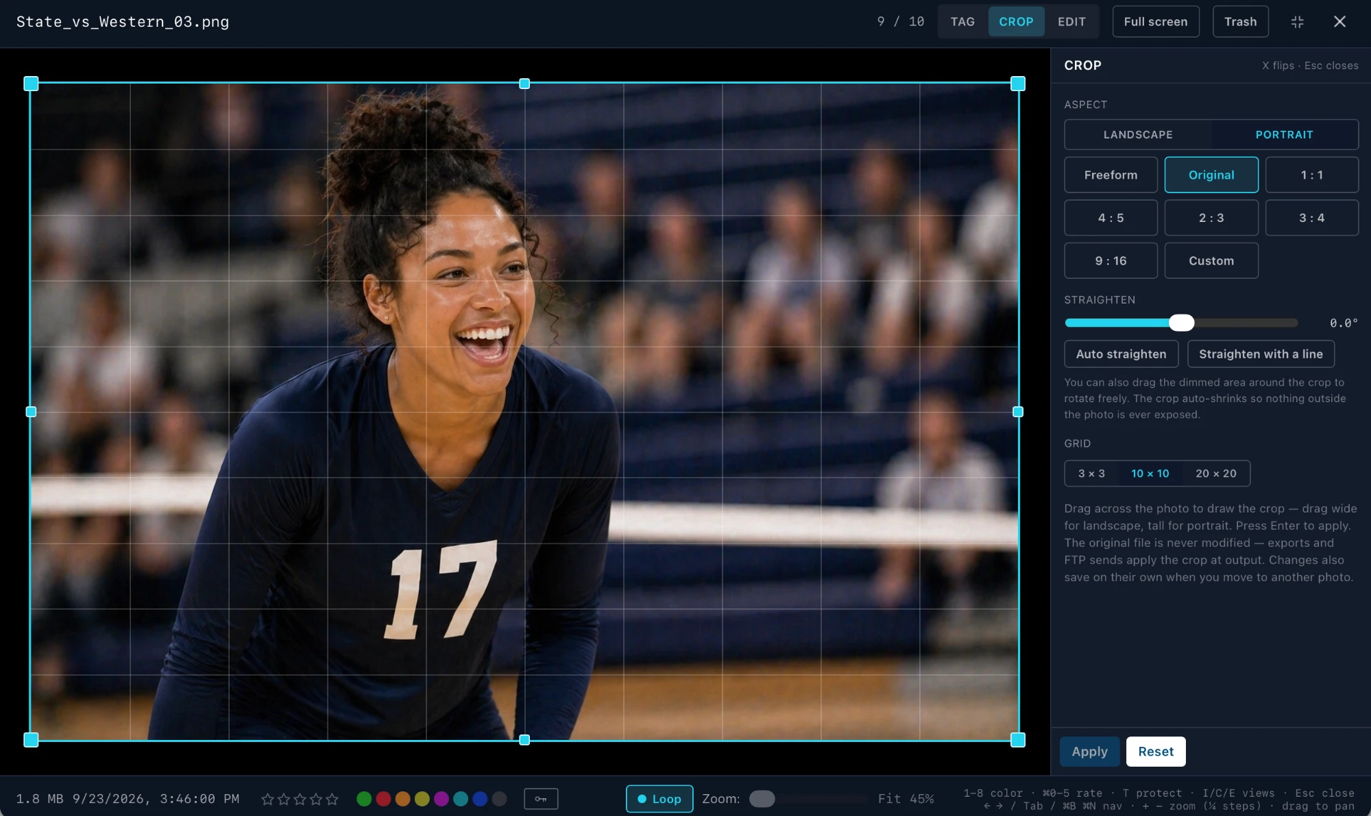 The Crop tab: the crop box around the whole photo with a 10 by 10 grid, and the Aspect, Straighten and Grid controls in the rail