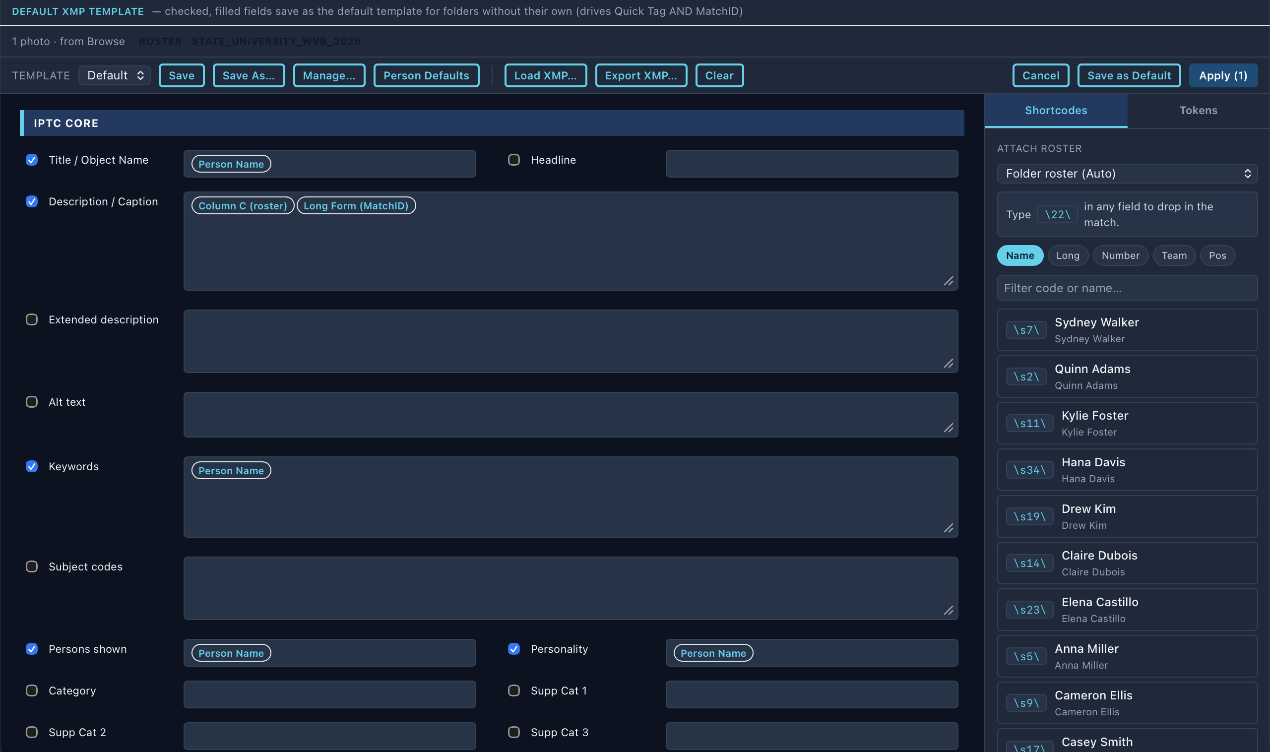 Metadata editor in Default XMP Template mode with roster and MatchID token pills