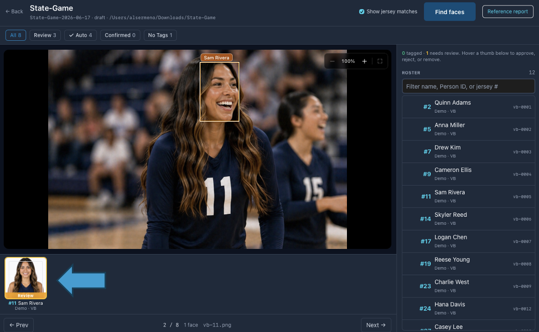 MatchID review with a boxed face matched to the roster