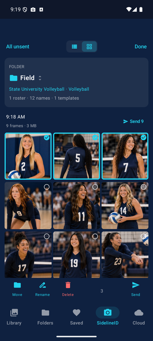 Select mode on Android with Move, Rename, Delete and Send in the bar