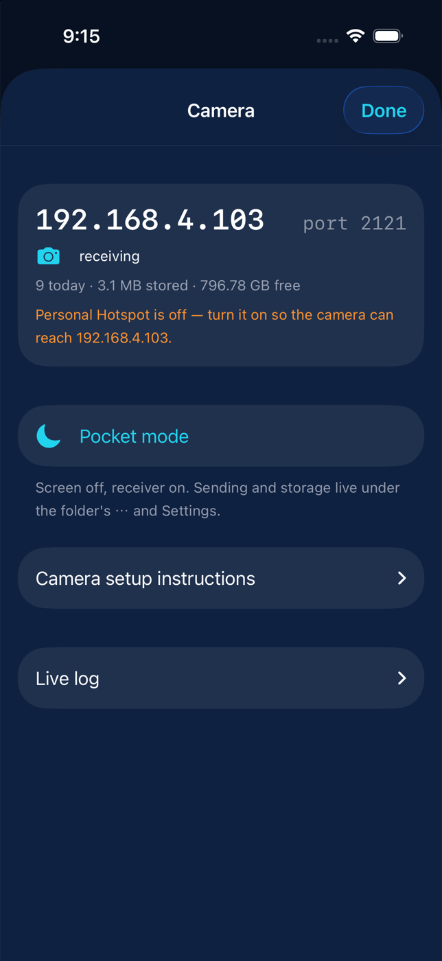 The Camera panel on the phone showing the address, port 2121 and the receiver status