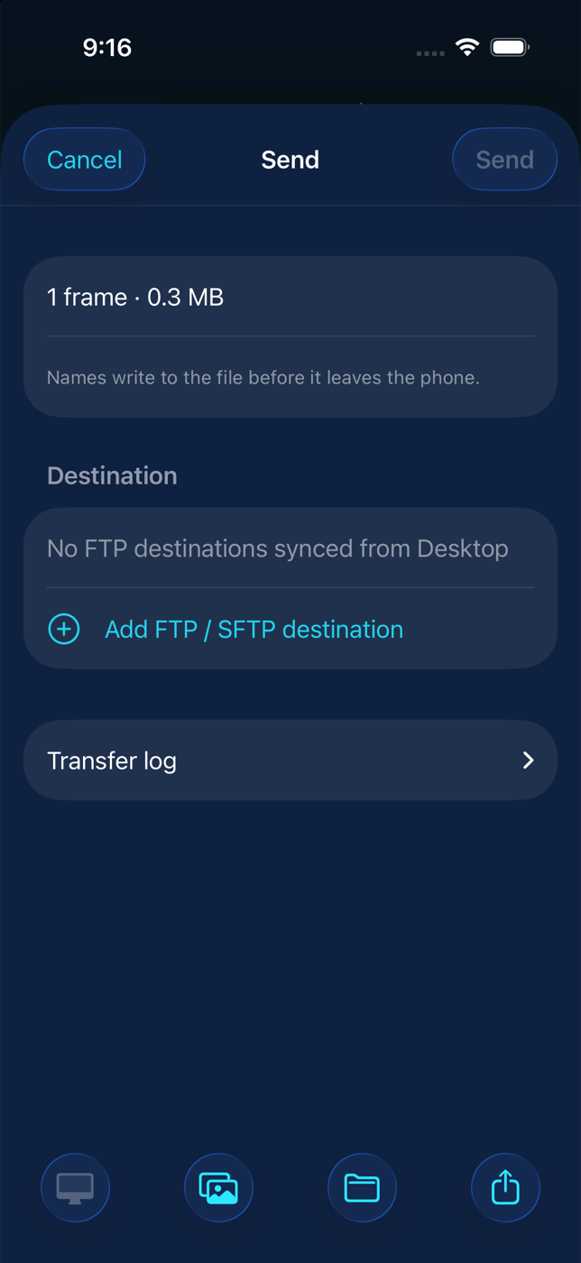 The Send sheet: destination list, Desktop, Photos, Files and Share along the bottom