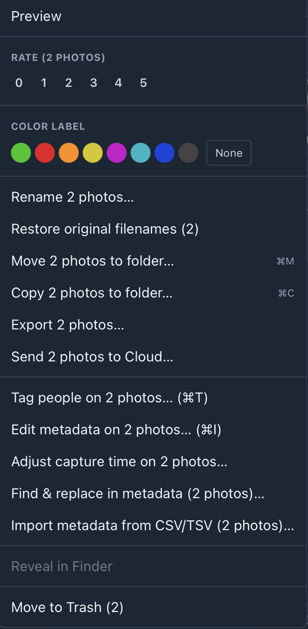 The right-click menu for 2 photos: Preview, Rate, Color label, Rename, Restore original filenames, Move, Copy, Export, Send to Cloud, Tag people, Edit metadata, Adjust capture time, Find and replace, Import metadata from CSV/TSV, Reveal in Finder, Move to Trash