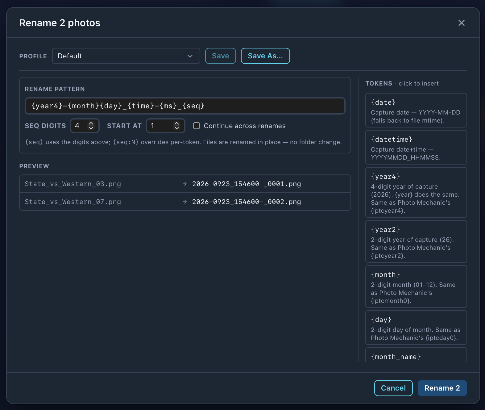 Rename 2 photos: Profile Default with Save and Save As, rename pattern, seq digits 4, start at 1, continue across renames, a preview of old and new names, and the token list