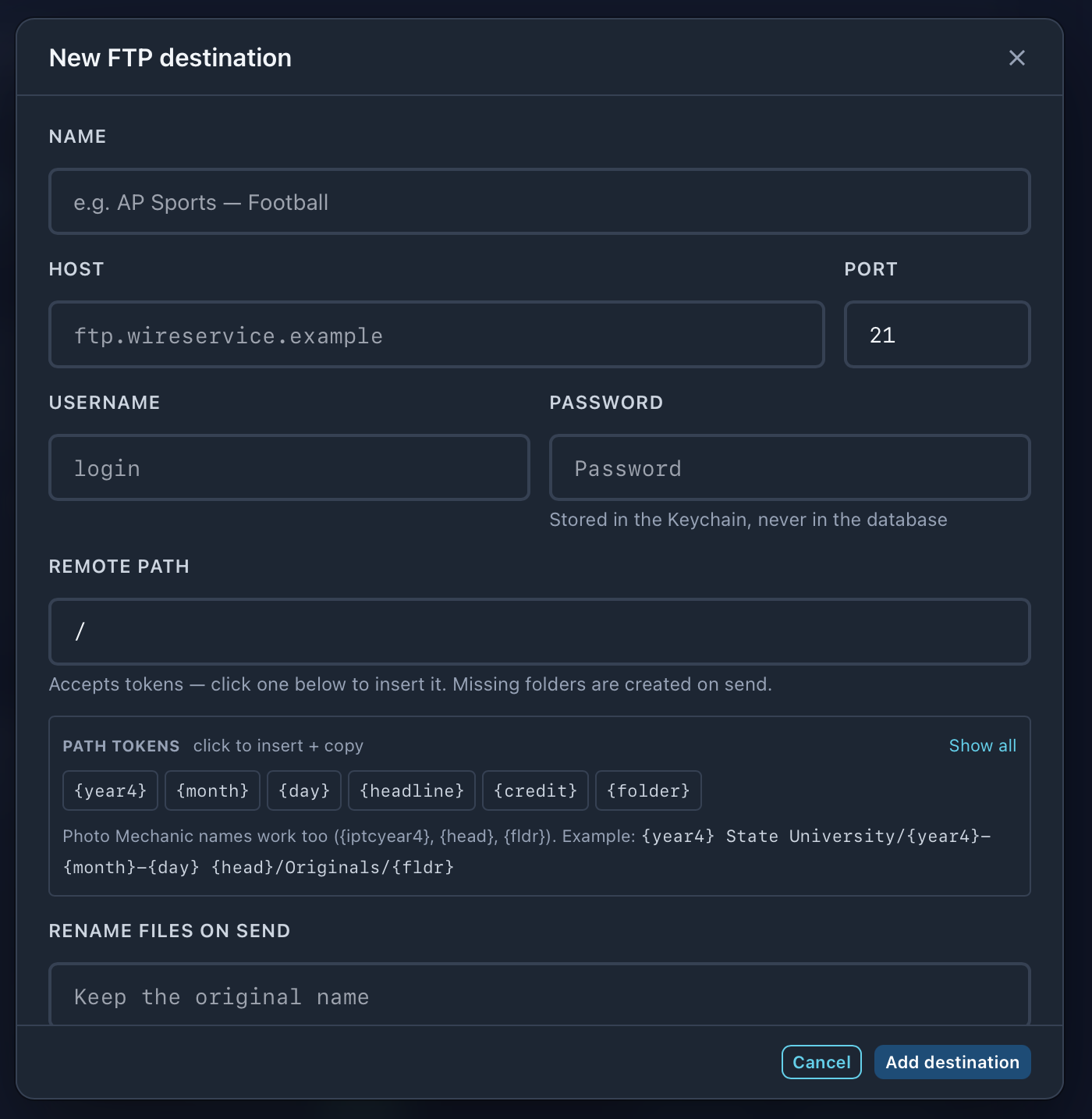 The New FTP destination form: name, host and port, username and password, remote path with token chips, and rename files on send