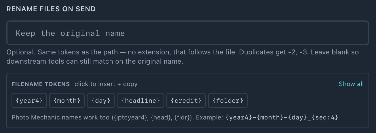 Rename files on send, with its filename token chips