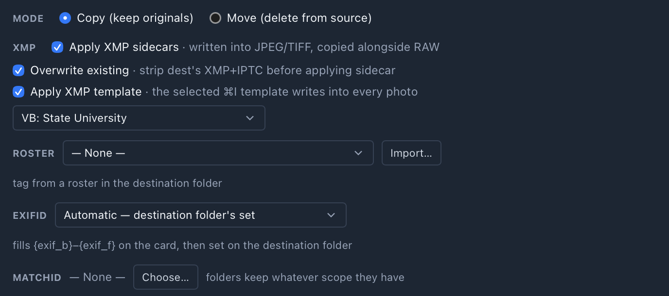 The Mode, XMP, Roster, ExifID and MatchID rows of the ingest dialog