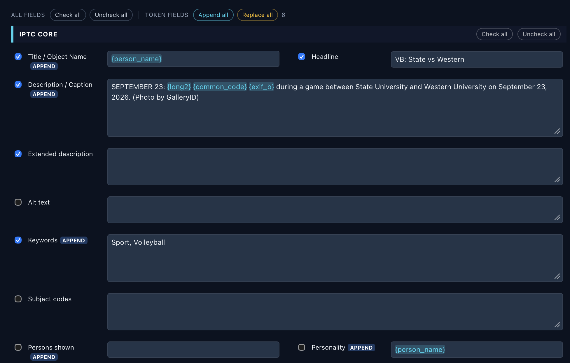 The IPTC Core section: Title with {person_name}, Headline, a Description built from tokens and text, Keywords, and APPEND badges beside the token fields