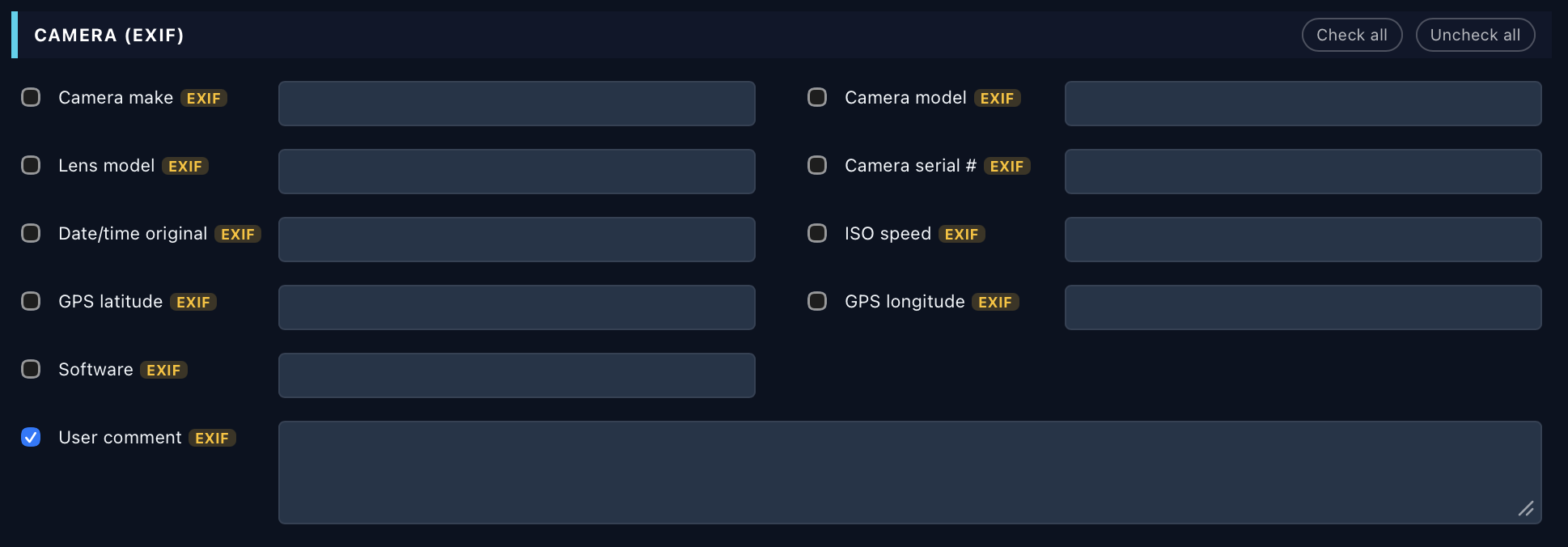 The Camera (EXIF) section: camera make and model, lens, serial, date and time, ISO, GPS, software and user comment, each with an EXIF badge