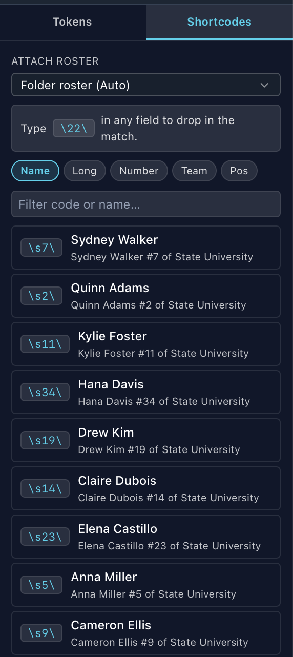 The Shortcodes tab: an attached roster, the hint to type a code in any field, the Name, Long, Number, Team and Pos chips, a filter, and the roster rows