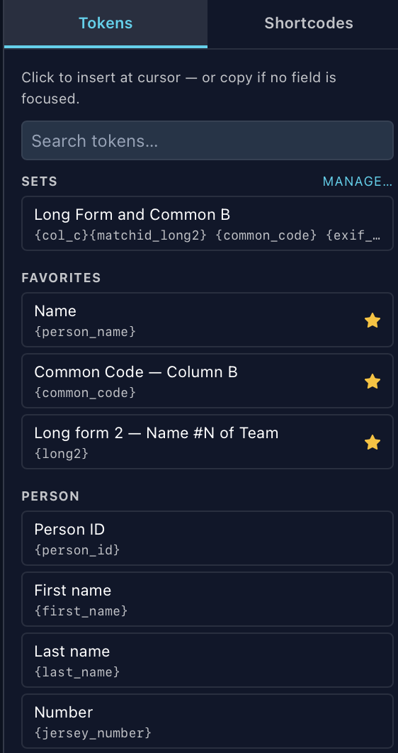 The Tokens tab of the rail: search, a saved token set, three favorites, then the Person tokens