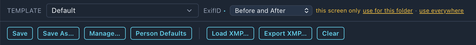 The IPTC editor toolbar: Template Default, ExifID Before and After, and the Save, Save As, Manage, Person Defaults, Load XMP, Export XMP and Clear buttons