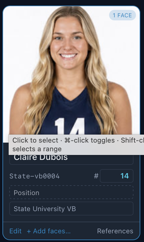 A card for Claire Dubois: photo, 1 face, name, Person ID, number 14, position, team, and Edit, Add faces and References