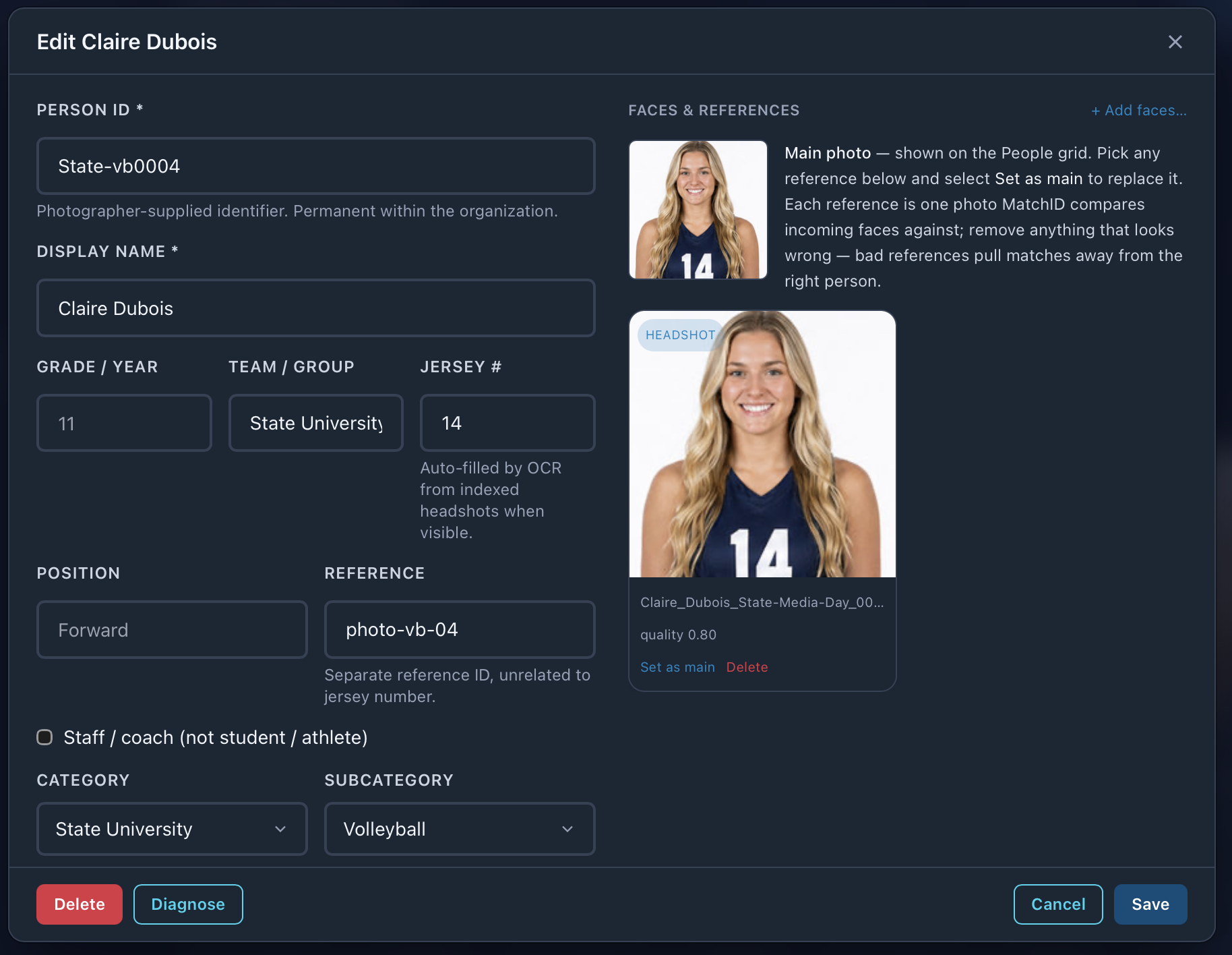 Edit Claire Dubois: Person ID, display name, grade, team, jersey, position, reference, staff checkbox, category, subcategory, and the faces and references panel