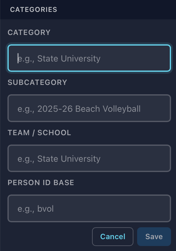 The new category form: Category, Subcategory, Team / School and Person ID base