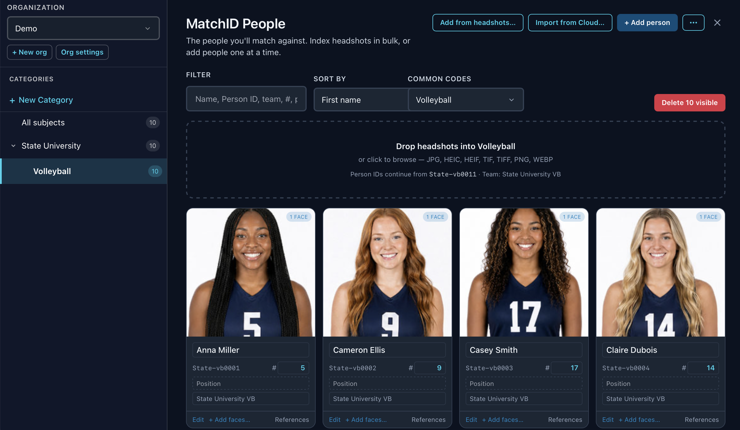 MatchID People: the Demo organization, State University with Volleyball selected, the drop zone, and four athlete cards