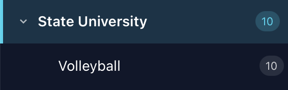 State University with the Volleyball subcategory under it, each showing 10 people