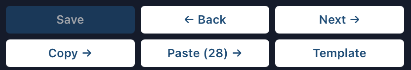Save, Back, Next, Copy, Paste (28) and Template buttons