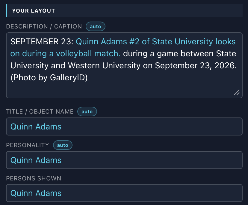Caption, Title, Personality and Persons shown filled in for Quinn Adams, with the tagged text tinted