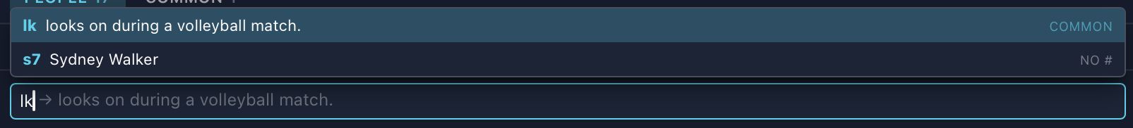 Typing lk in the tag box suggests the common code looks on during a volleyball match