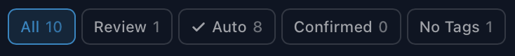 All 10, Review 1, Auto 8, Confirmed 0, No Tags 1