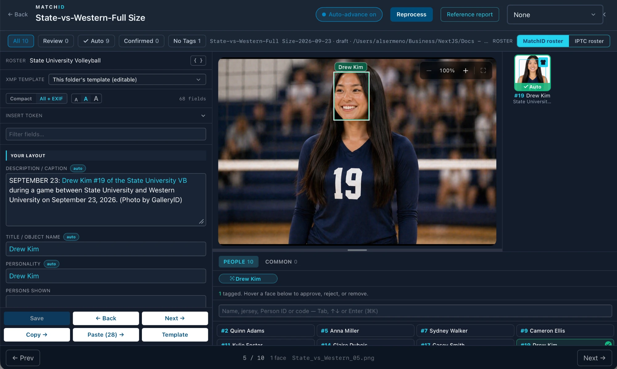 The MatchID review screen: filters across the top, fields on the left, the photo in the middle with Sydney Walker framed, her card on the right, and the roster underneath