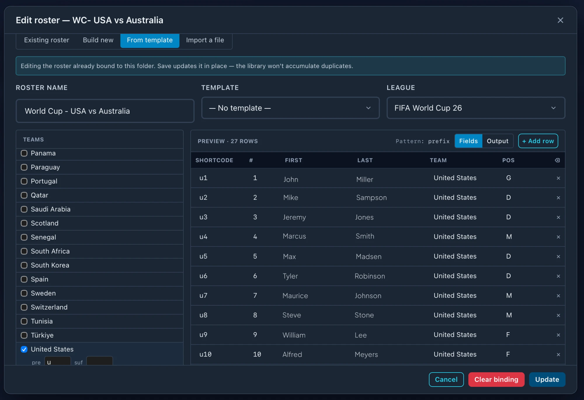 Edit roster on a folder that already has one: the From template tab with the league's teams ticked, a prefix per team, and the preview of rows
