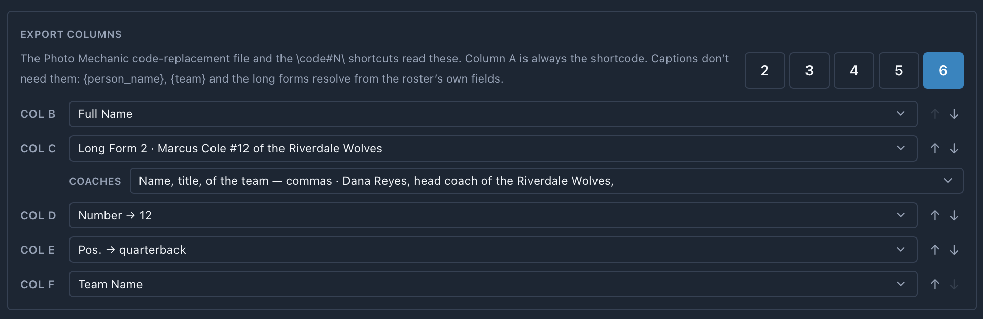 Customize export columns ticked, six columns: Full Name, Long Form 2 with coach wording, Number, Position and Team Name