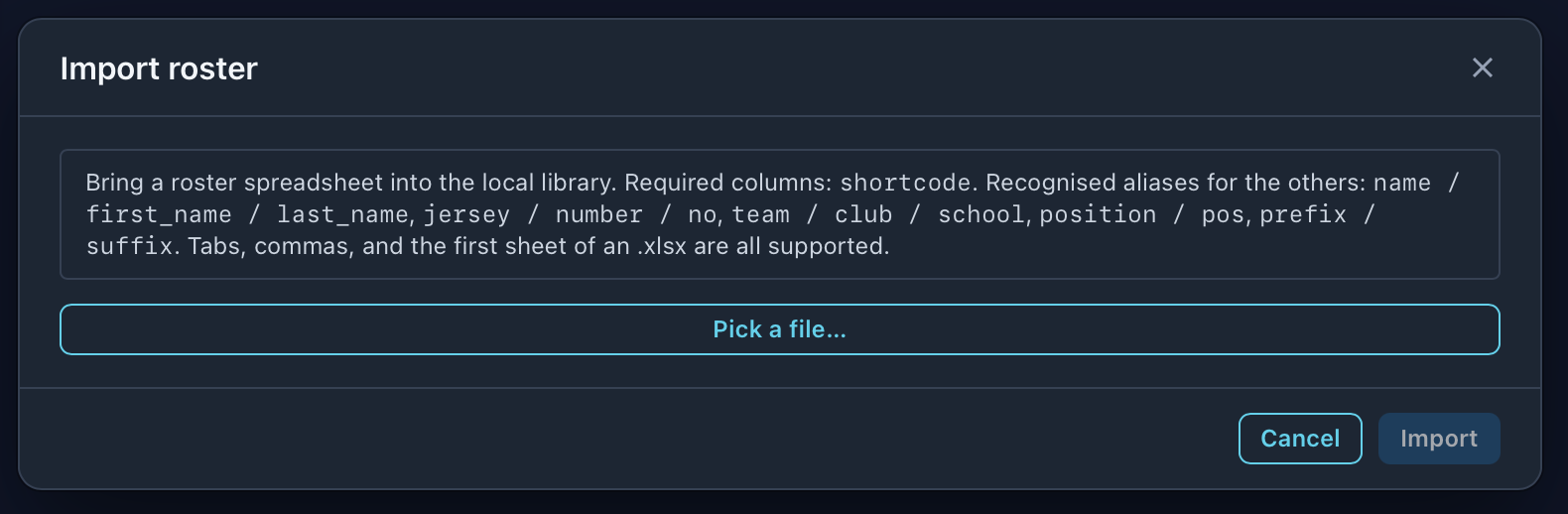The Import roster dialog before a file is picked
