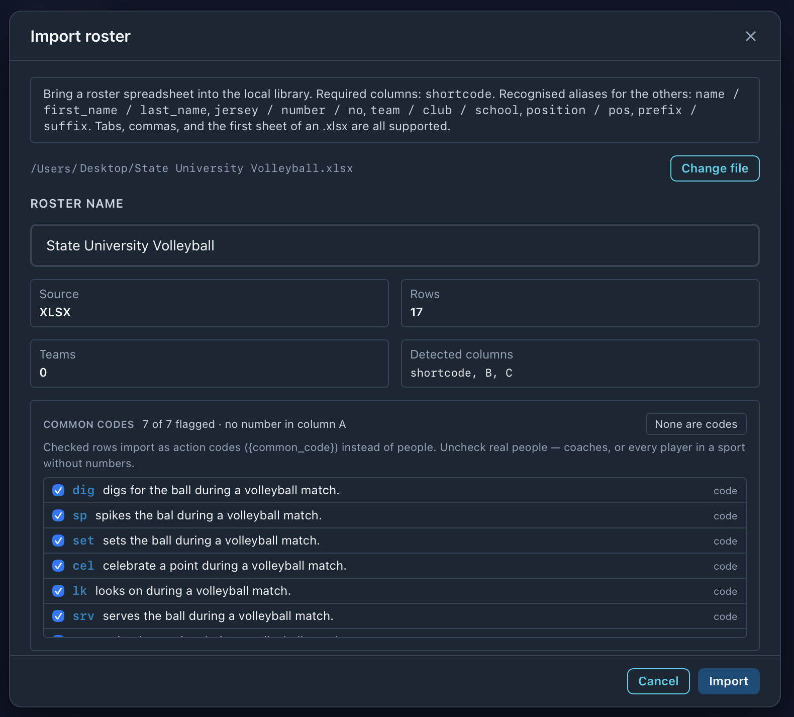 Import roster with a file picked: name, source XLSX, 17 rows, detected columns, and seven common codes flagged