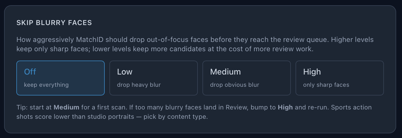 Skip blurry faces: Off, Low, Medium, High