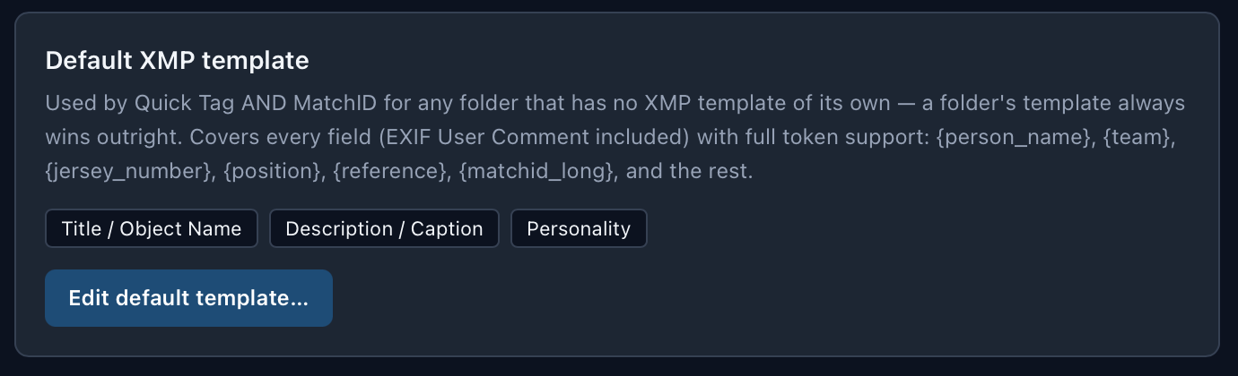 Settings, MatchID Metadata, with the Default XMP template card