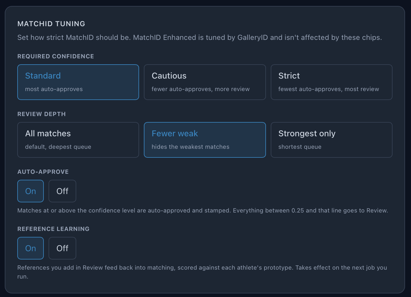 MatchID tuning: Required confidence, Review depth, Auto-approve and Reference learning
