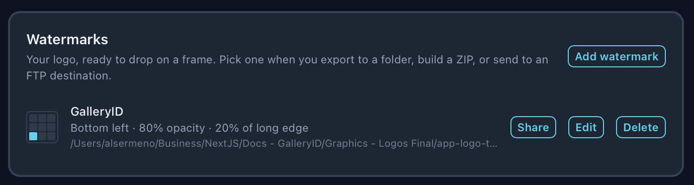 Settings, Watermarks: GalleryID, bottom left, 80% opacity, 20% of long edge, with Share, Edit and Delete