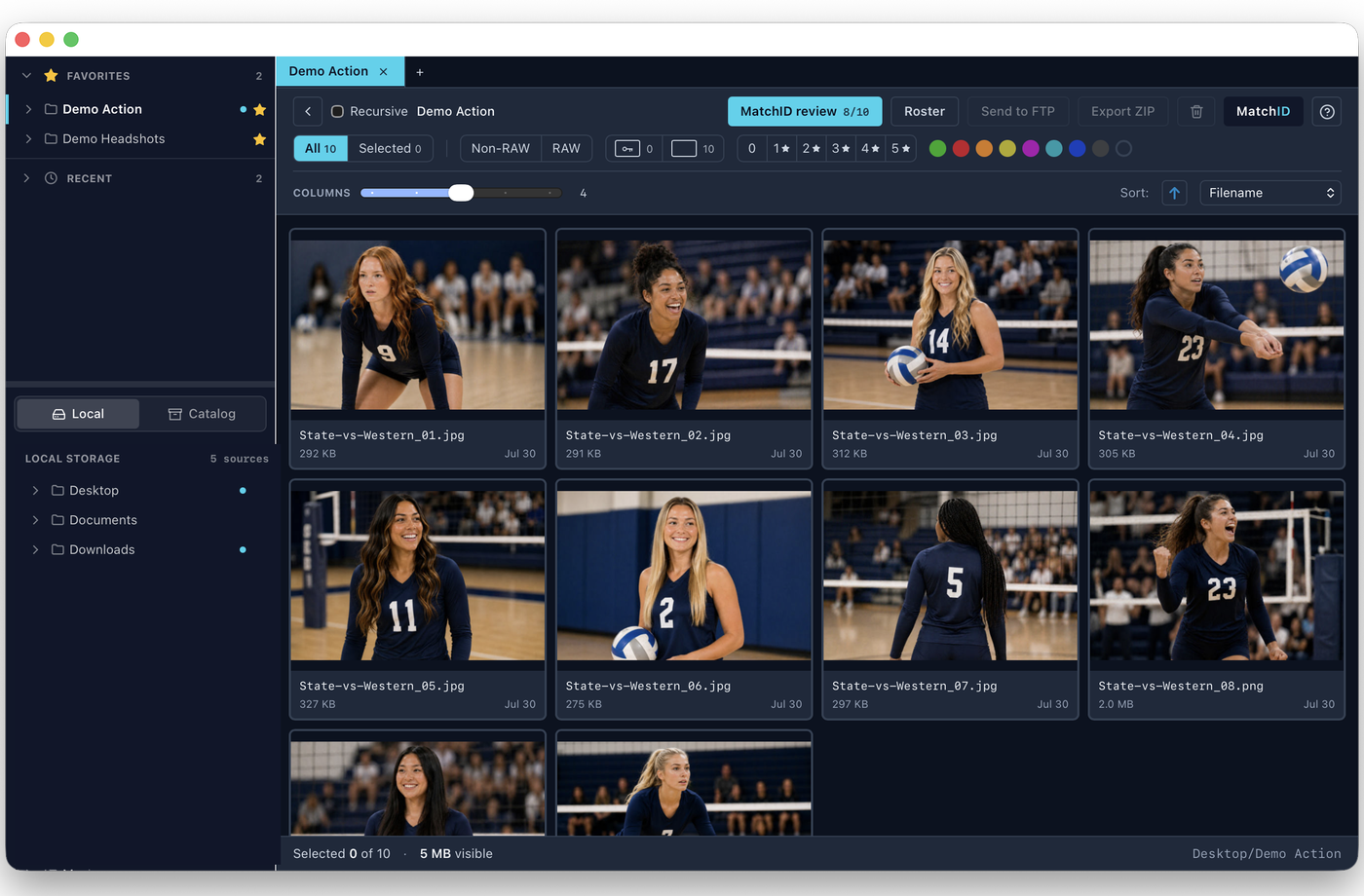 Browse view: folder tree, thumbnail grid, and the MatchID toolbar