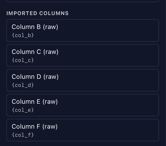 Imported columns tokens