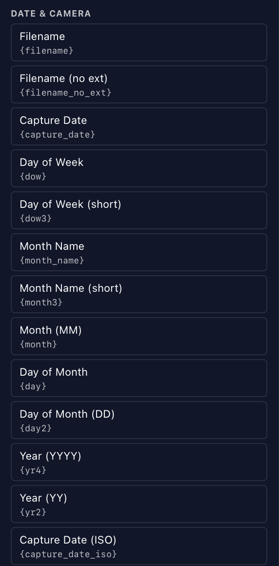 Date and camera tokens