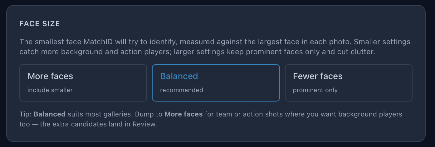 Minimum face size setting