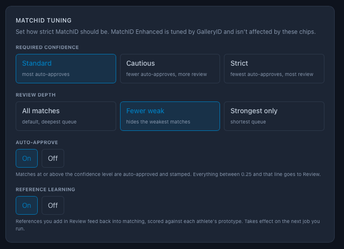MatchID tuning settings, showing Required confidence and Review depth
