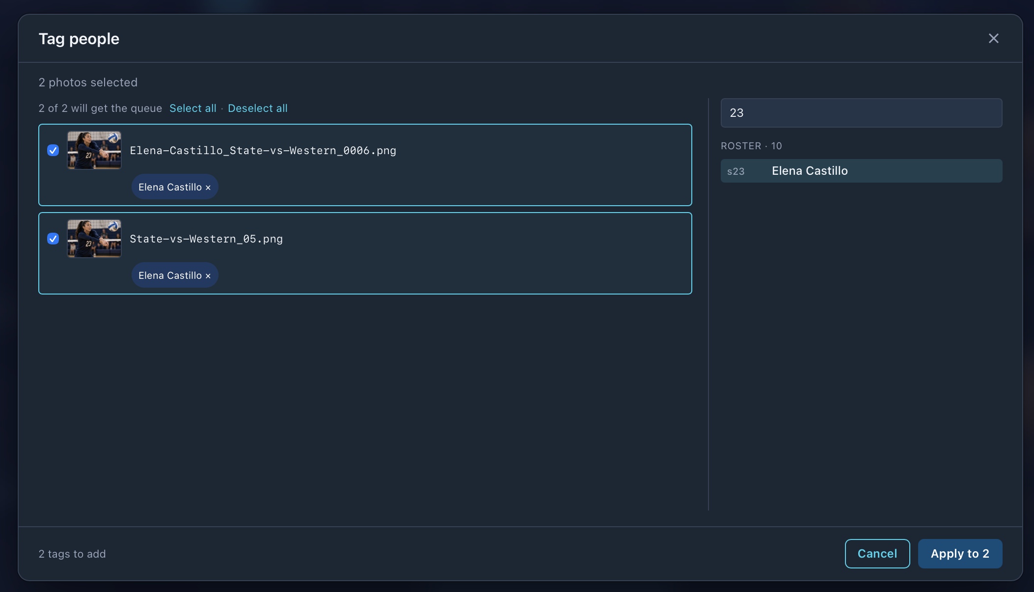 A person queued onto both selected photos, shown as pending chips