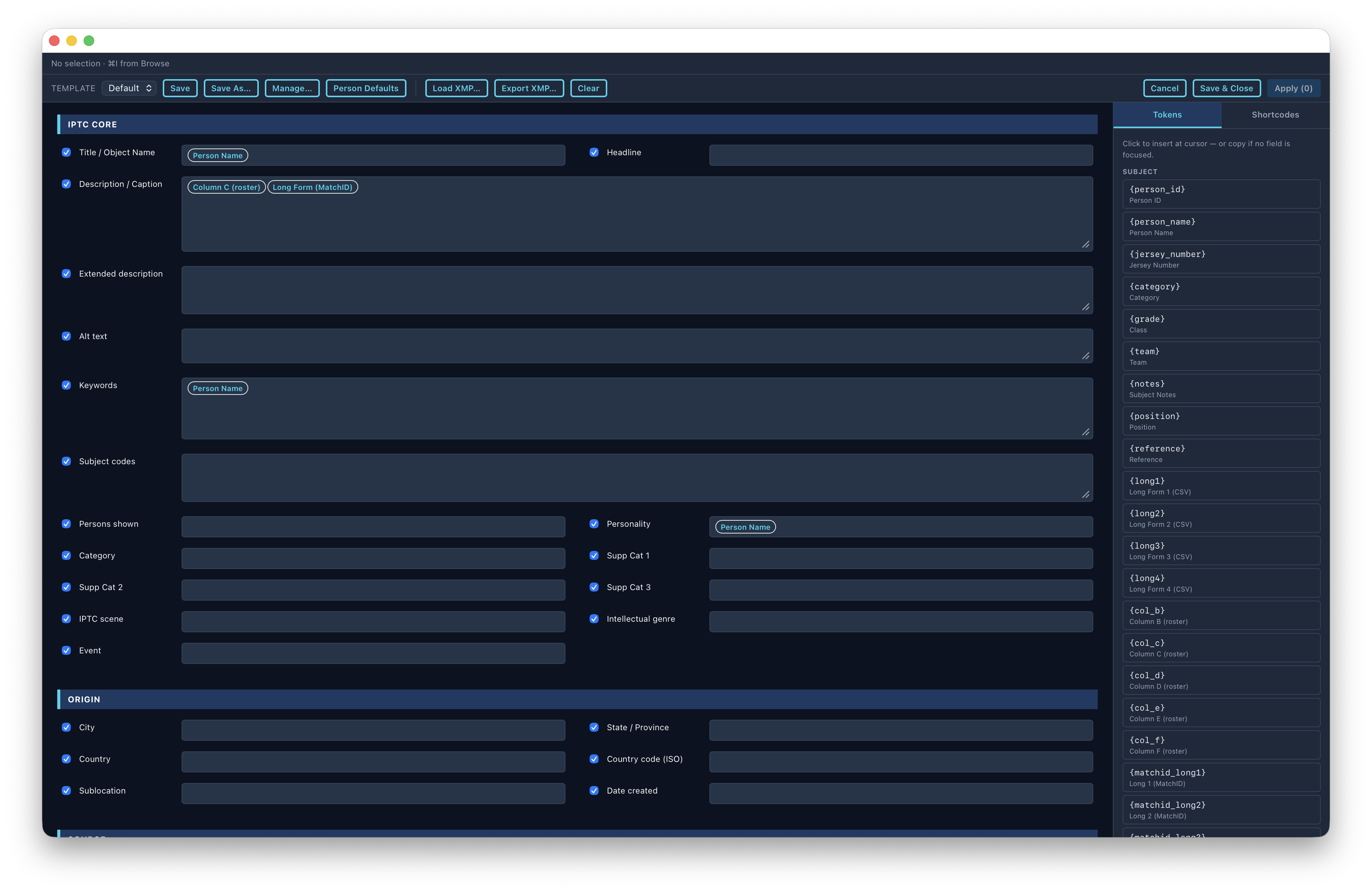 IPTC / XMP template editor with tokens