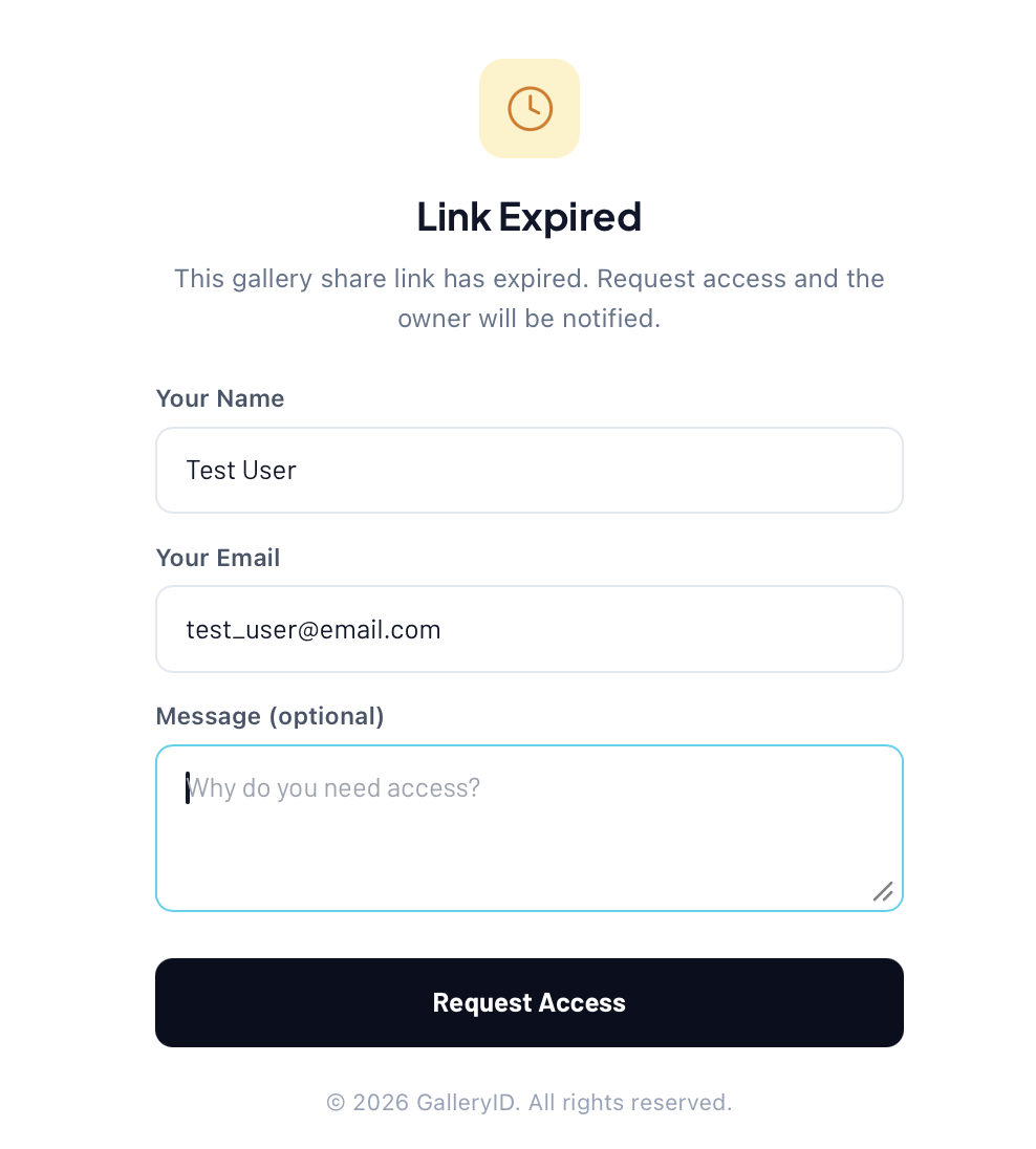 An expired link offers a request form instead of the gallery
