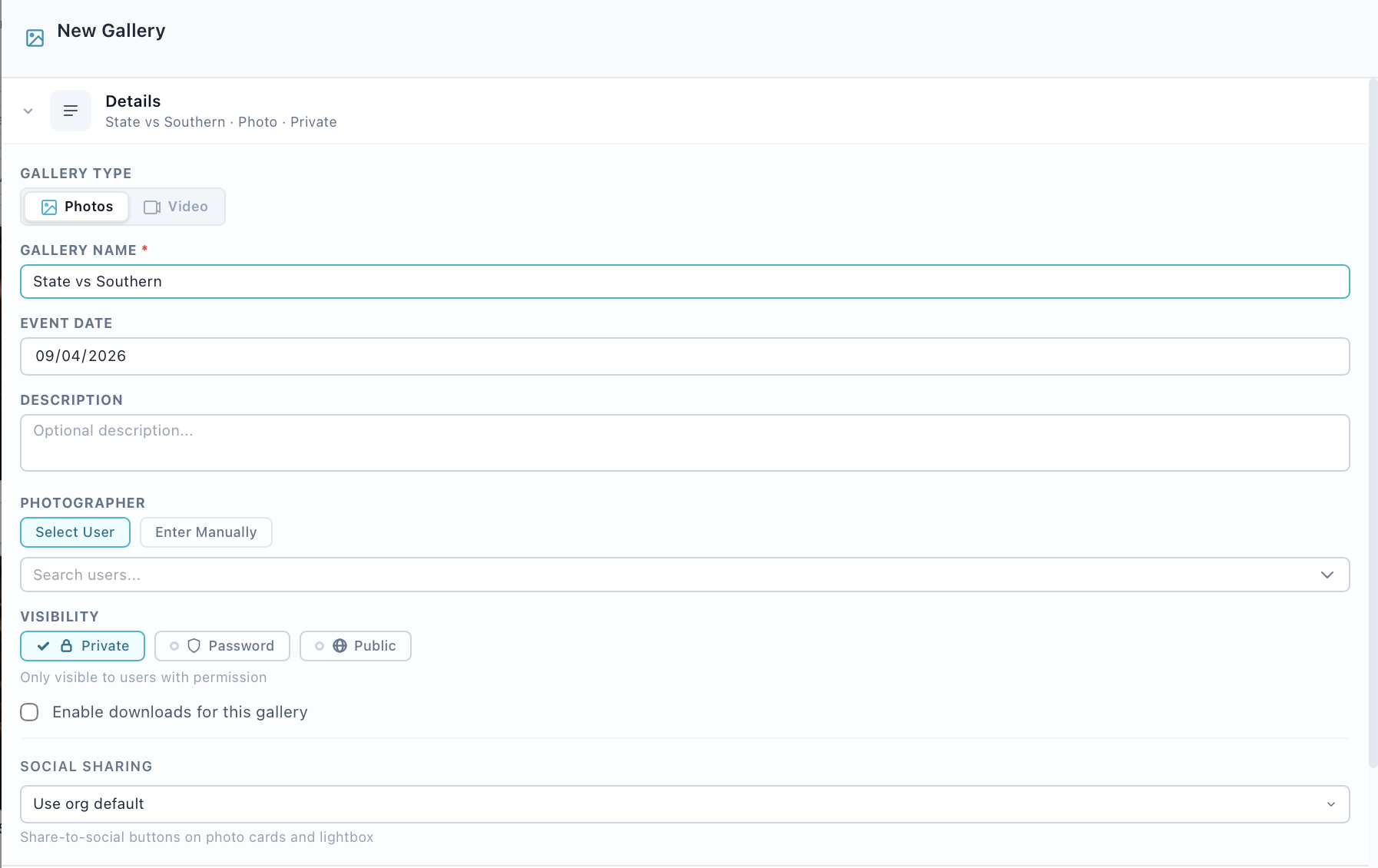 The Details tab: name, event date, visibility and downloads