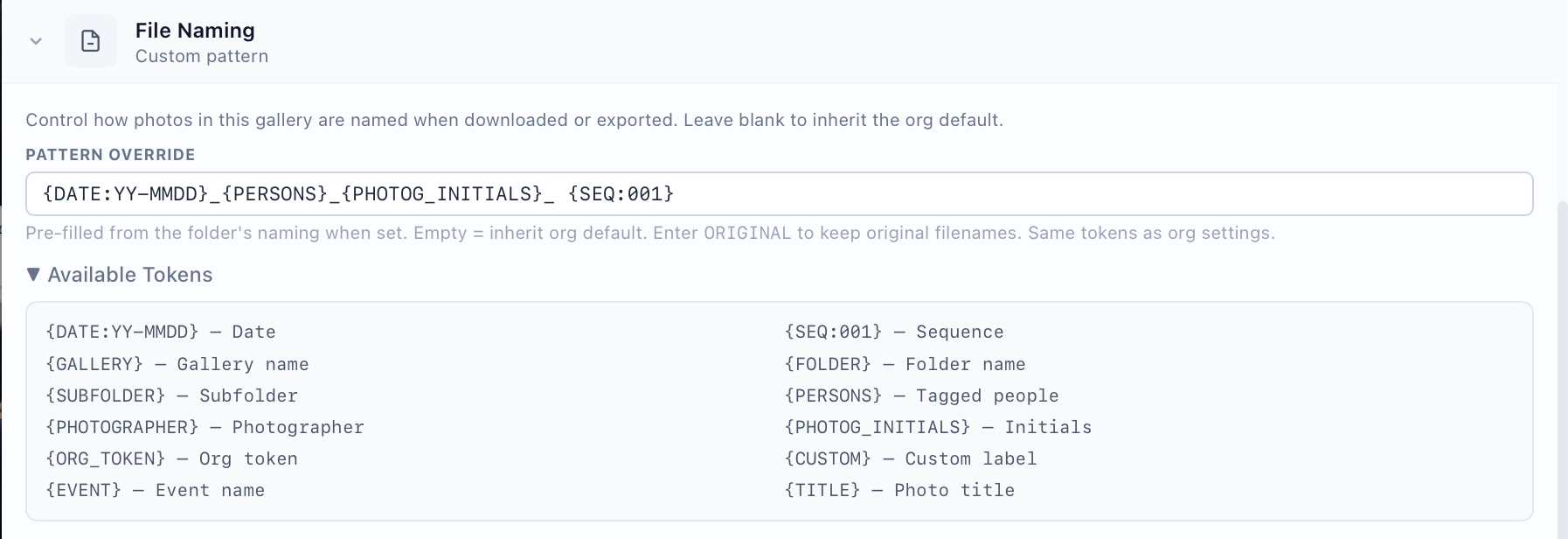 The File Naming tab: inherit, keep originals, or set a pattern for this gallery